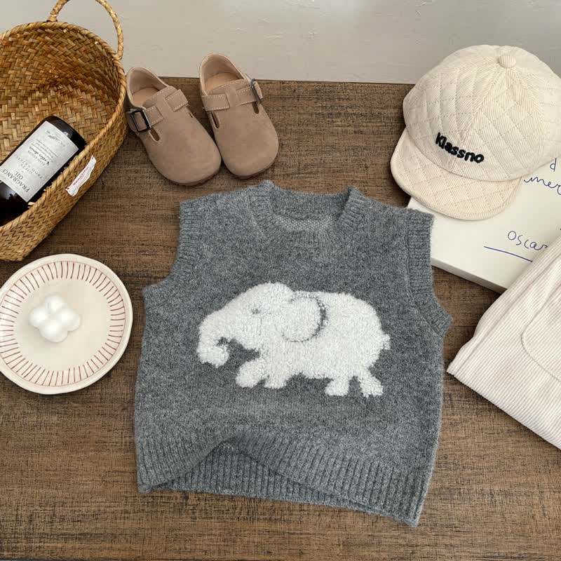 赤ちゃん・幼児用ゾウ柄ニットベスト、ベージュのTシャツ、またはパンツ - グレーのベスト - 4～5歳 - image 2