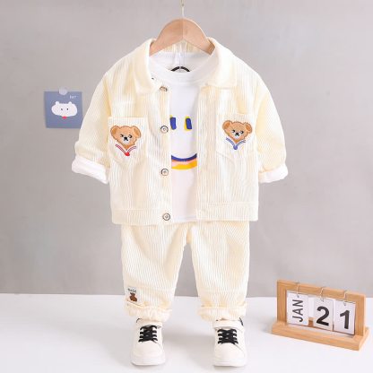 幼児用クマ柄パッチ付きコーデュロイ3点セット - ベージュ - 4～5歳 - image 4