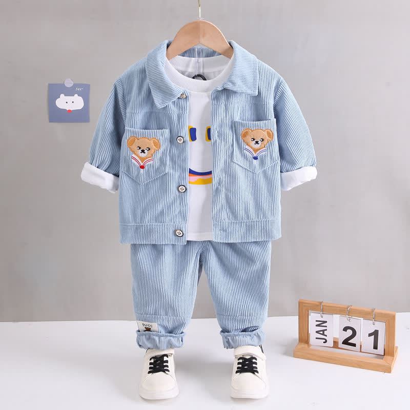 幼児用クマ柄パッチ付きコーデュロイ3点セット - 青 - 4～5歳 - image 3