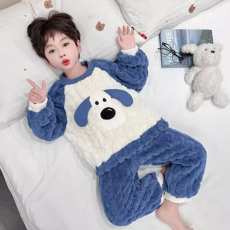 幼児用子犬柄テディフリース冬用パジャマ2点セット - 青 - 6～7歳 - image 2