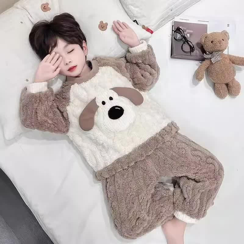 幼児用子犬柄テディフリース冬用パジャマ2点セット - 茶色 - 6～7歳 - image 3