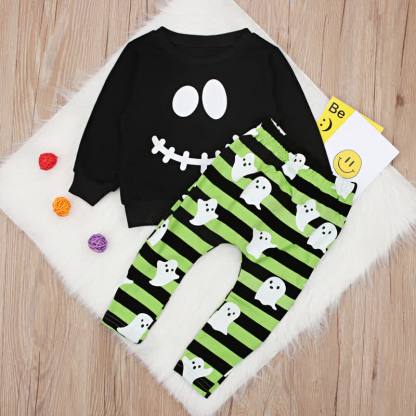 幼児男の子用ハロウィンスマイリーフェイススウェットシャツとストライプパンツの2点セット - 黒 - 4～5歳 - image 2