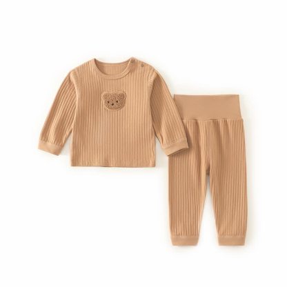 ベビーテディベアのアップリケ付きトップスとパンツのパジャマ2点セット - 茶色 - 2～3歳 - image 1