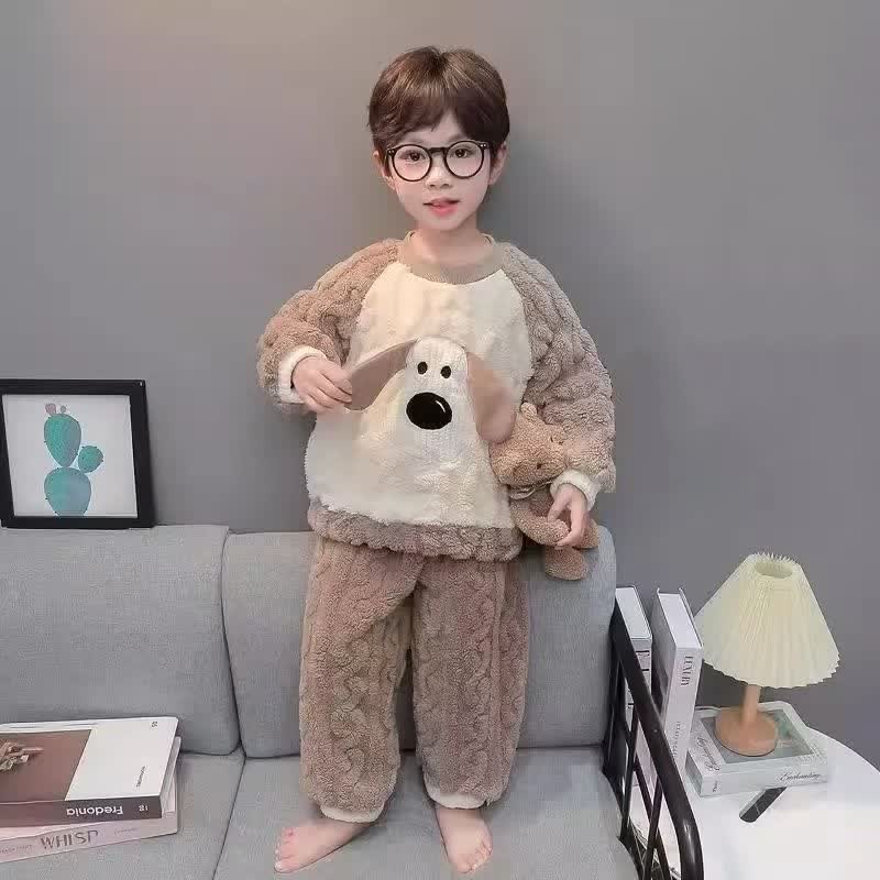幼児用子犬柄テディフリース冬用パジャマ2点セット - image 1