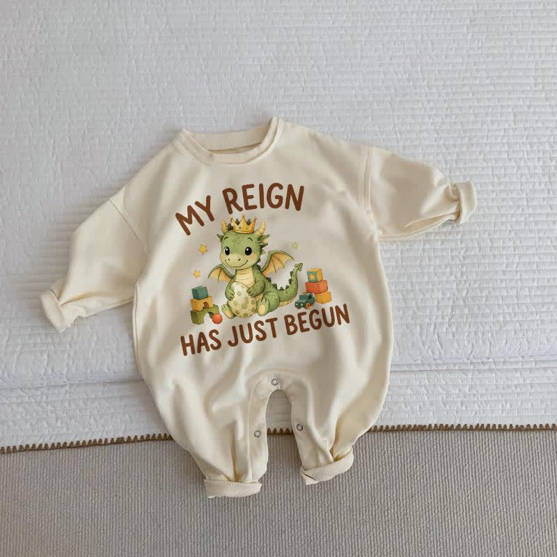 MY REIGN HAS JUST BEGUN！ベビー恐竜柄ベージュロンパース - ベージュ - 2～3歳 - image 1