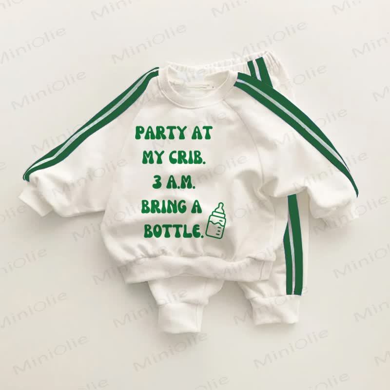 PARTY AT MY CRIB。午前3。BRING A BOTTLE。ベビー・幼児用グリーンストライプ2点セット - ホワイト＆グリーン - 3～5歳 - image 1