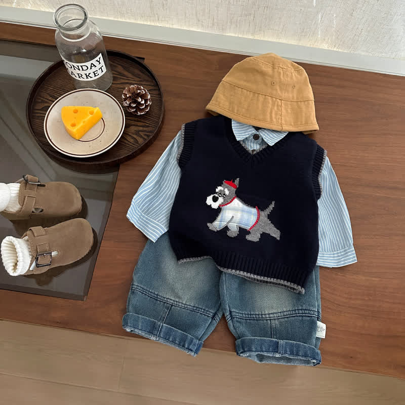 ベビー・幼児用子犬柄プレッピーニットベストまたはストライプシャツ - image 1