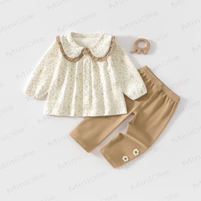 ベビー・幼児用 花柄ピーターパンカラーのゆったりトップスとパンツのツーピースセット - 茶色 - 2～3歳 - image 2
