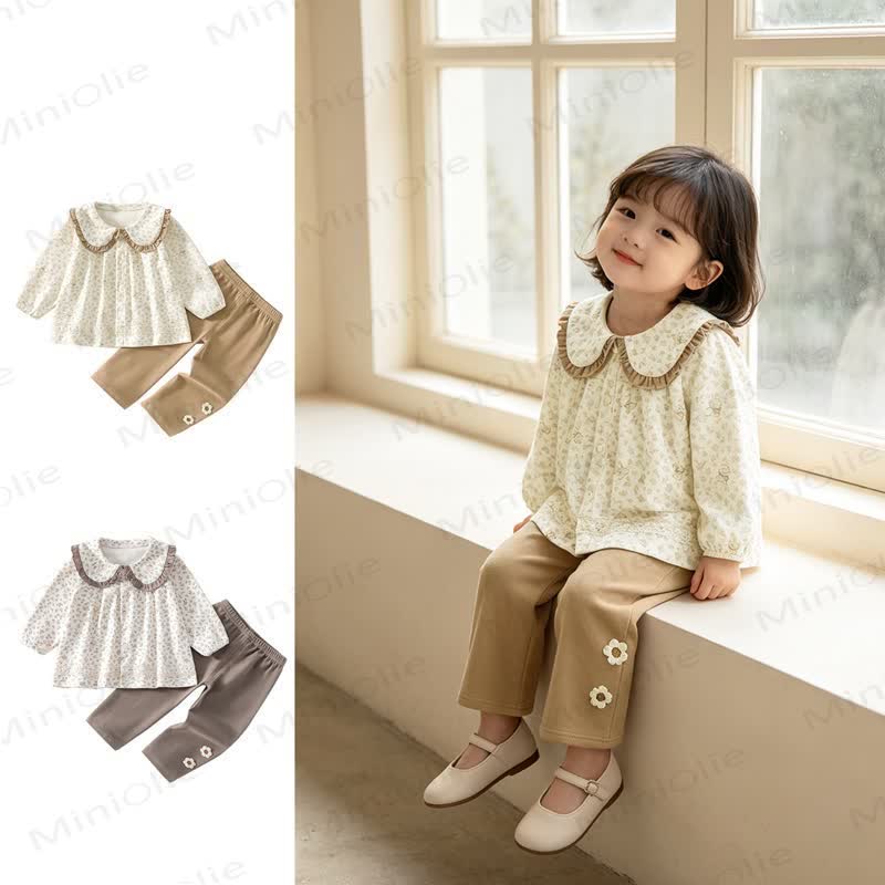 ベビー・幼児用 花柄ピーターパンカラーのゆったりトップスとパンツのツーピースセット - image 1