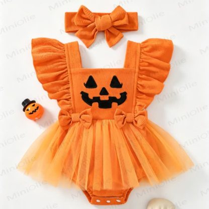 ベビー用ハロウィンパンプキンチュールスカートボディスーツ（ヘッドバンド付き） - オレンジ - 12～18ヶ月 - image 1