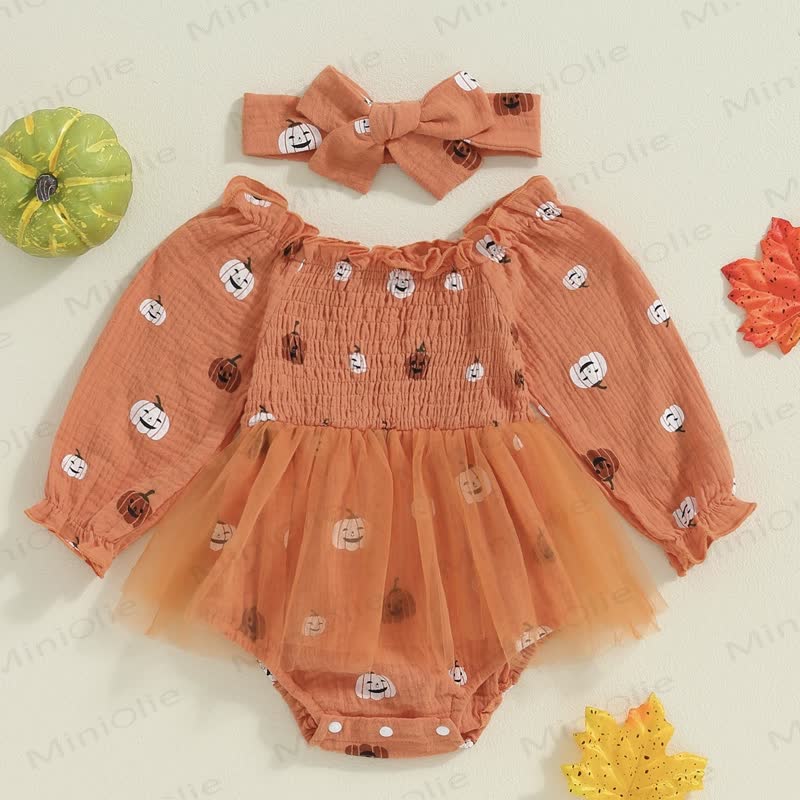 ベビーパンプキン柄スモックチュールスカートボディスーツ（ヘッドバンド付き） - オレンジ - 18～24ヶ月 - image 1