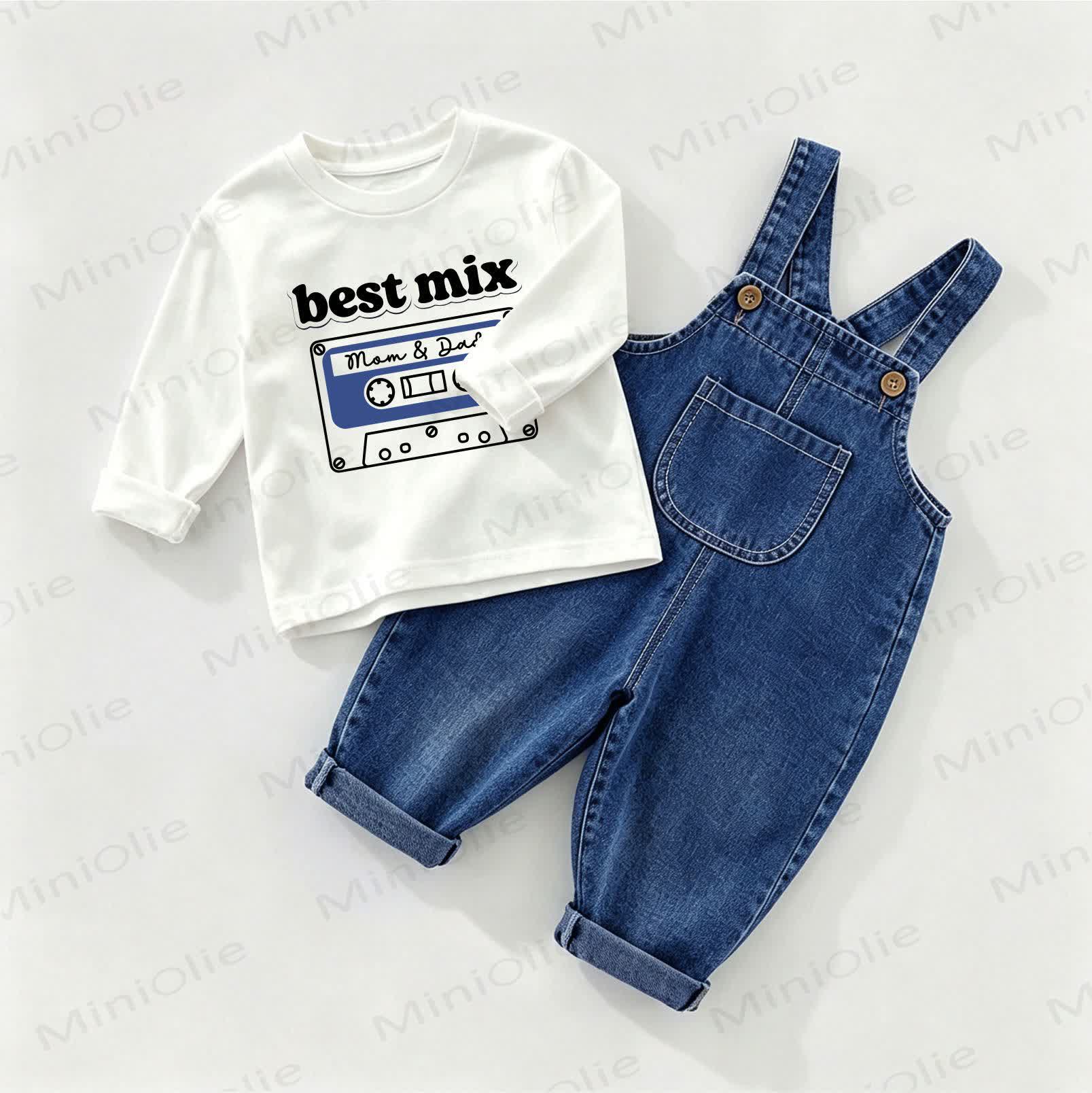 BEST MIX MOM & DADベビーデニムオーバーオール＆Tシャツ 2点セット - ホワイト＆ブルー - 2～3歳 - image 1