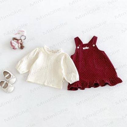 ベビーバーガンディのドット柄ジャンパーDress（ブラウス付き） - 白と赤 - 2～3歳 - image 1