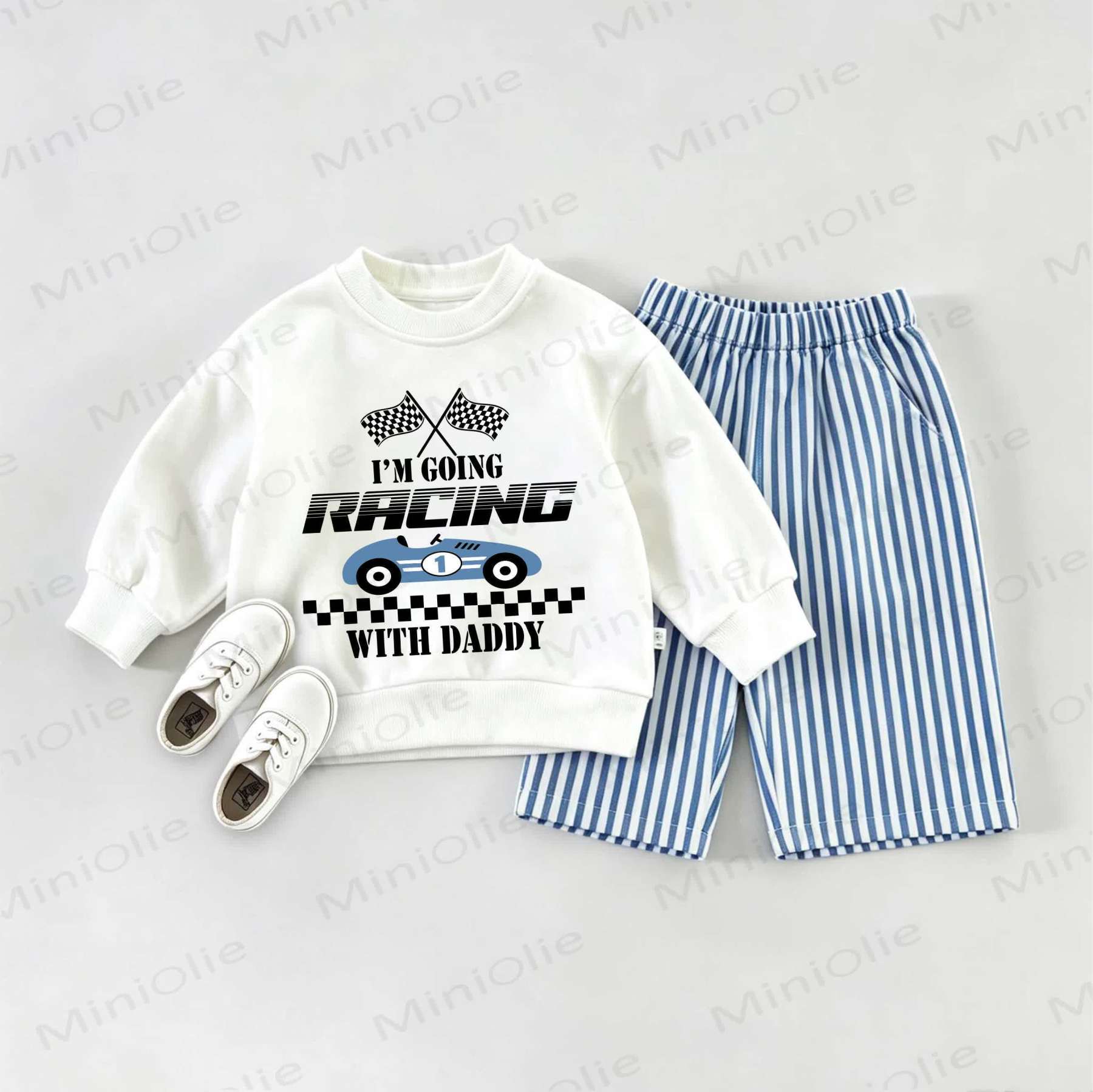I'M GOING RACING WITH DADDYスウェットシャツ2点セット - ホワイト＆ブルー - 2～3歳 - image 1