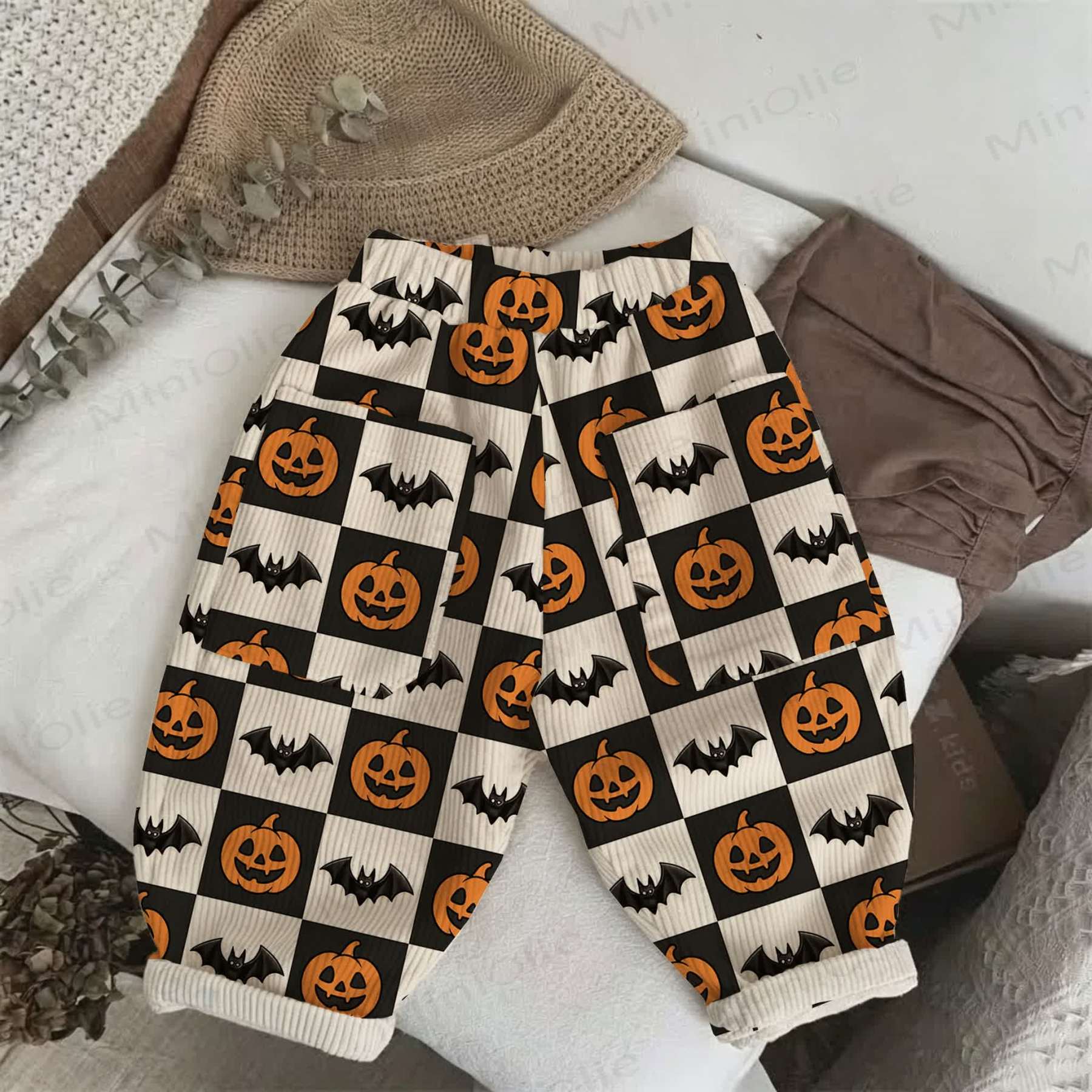 ベビー・幼児用 チェッカーボード ハロウィン カボチャ コウモリ柄 コーデュロイパンツ - オフホワイト - 5～7歳 - image 1