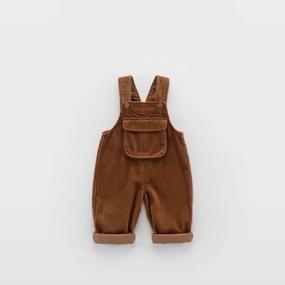 ベビー用無地コーデュロイポケット付きオーバーオール - 茶色 - 2～3歳 - image 2