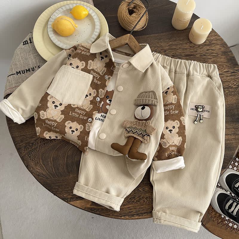 幼児用ベビーベアパッチ付き襟付きジャケット＆パンツ3点セット - ベージュ - 4～5歳 - image 2