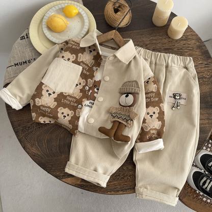 幼児用ベビーベアパッチ付き襟付きジャケット＆パンツ3点セット - ベージュ - 4～5歳 - image 2