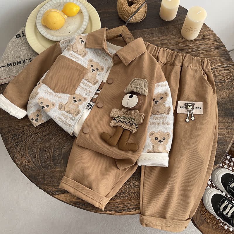 幼児用ベビーベアパッチ付き襟付きジャケット＆パンツ3点セット - 茶色 - 4～5歳 - image 3