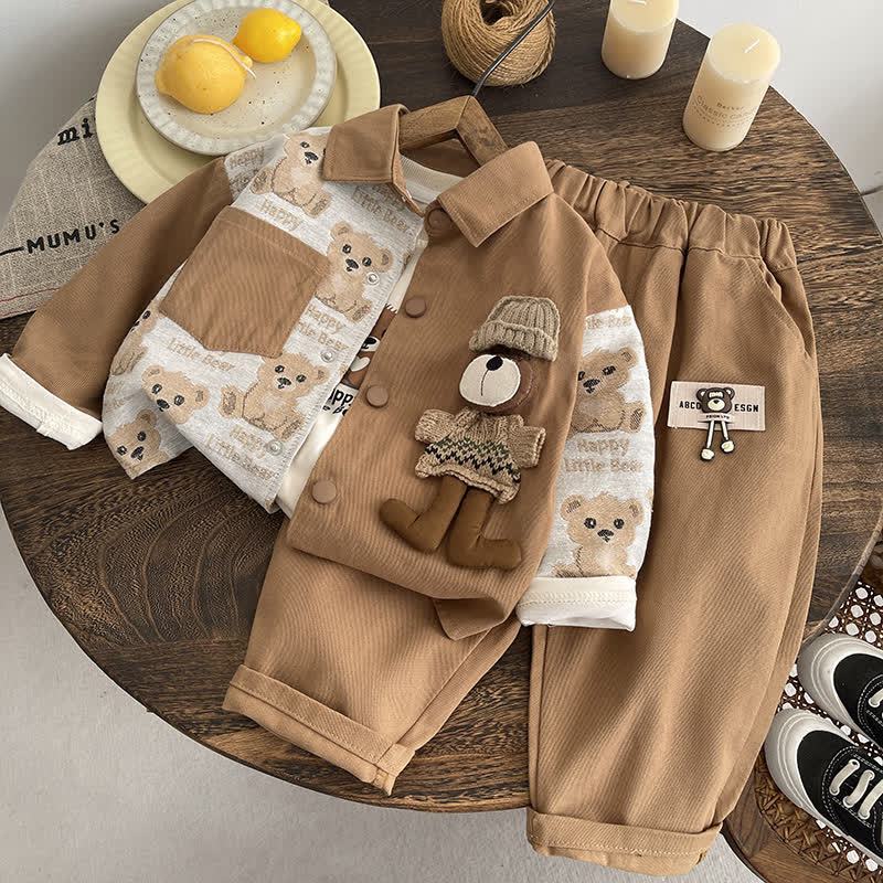 幼児用ベビーベアパッチ付き襟付きジャケット＆パンツ3点セット - 茶色 - 4～5歳 - image 3