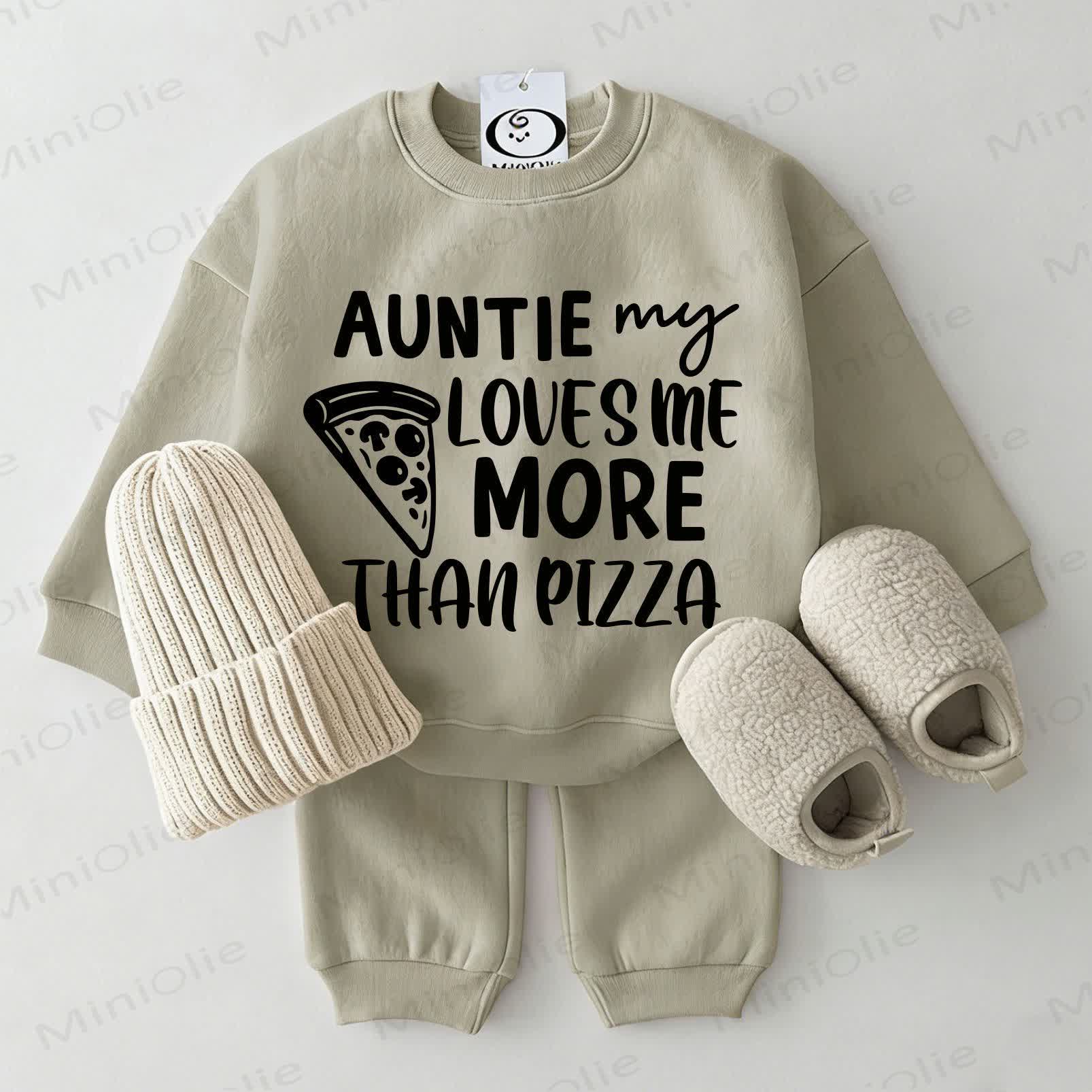 AUNTIE MY LOVES ME MORE THAN PIZZAベビー用スウェットシャツ 2点セット グレーグリーン - グレーグリーン - 2～3歳 - image 1