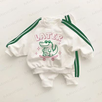LATERベビー幼児用恐竜柄グリーンストライプ2点セット - ホワイト＆グリーン - 3～5歳 - image 1