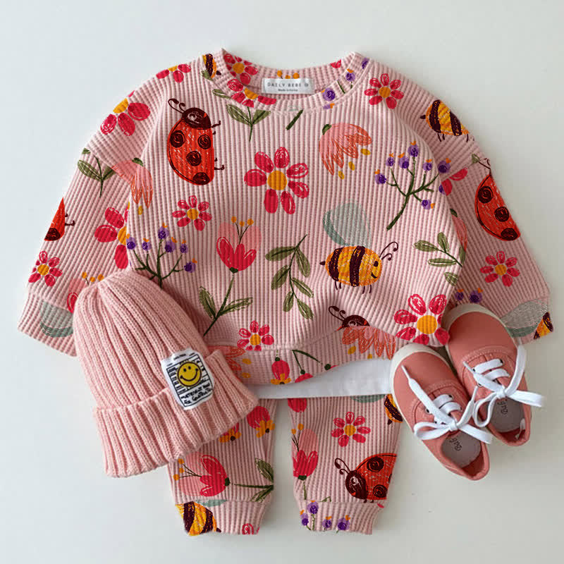 ベビーピンクの花と昆虫柄ワッフル生地2点セット - ピンク - 2～3歳 - image 1