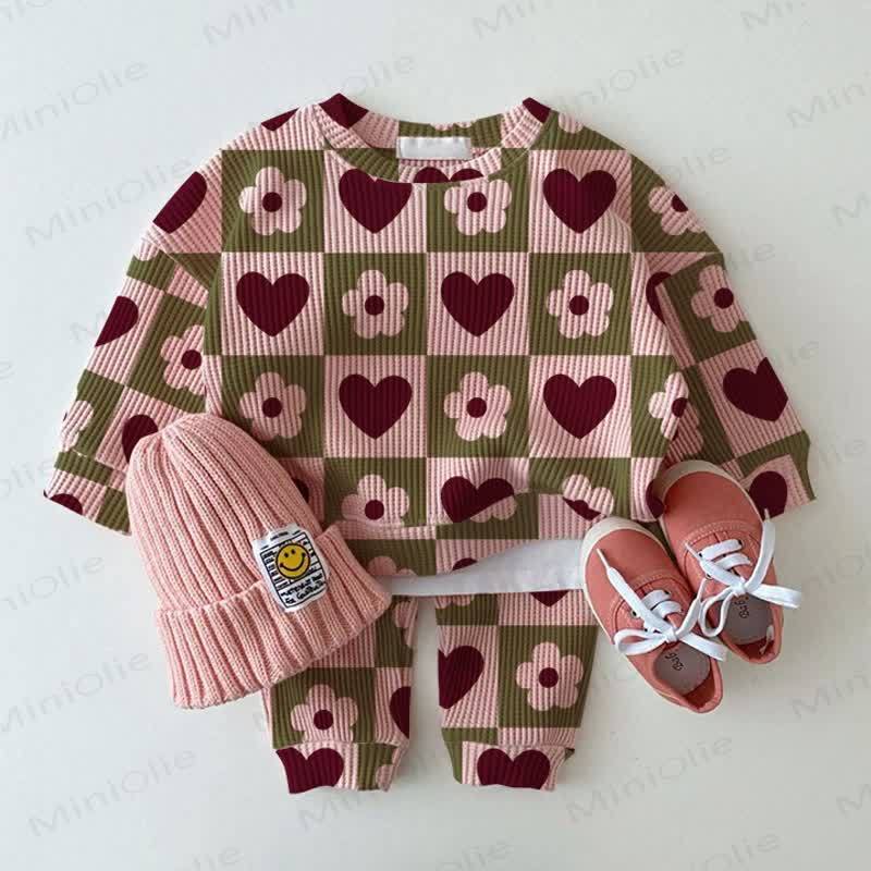 ベビーハートフラワーチェッカーボードワッフルスウェットシャツ＆パンツ2点セット - ピンク - 2～3歳 - image 1