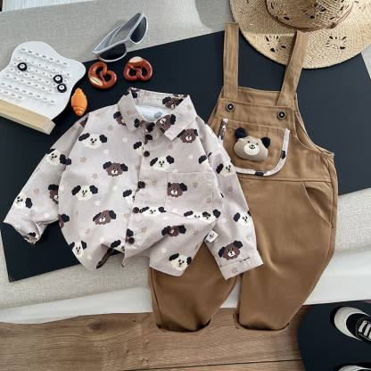 ベビー・幼児用男の子向けクマ柄オーバーオール＆シャツ 2点セット - 茶色 - 3～4歳 - image 2