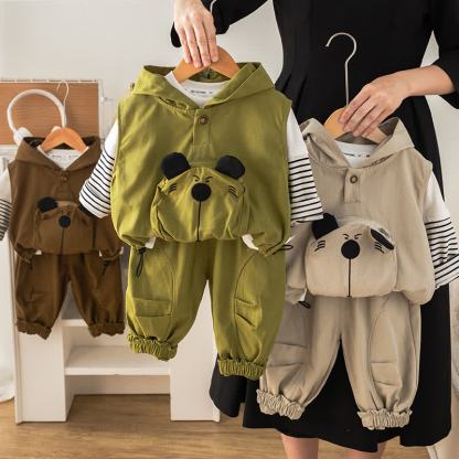 ベビー・幼児用男の子向けクマ柄ポケット付きフード付き3点セット - image 1