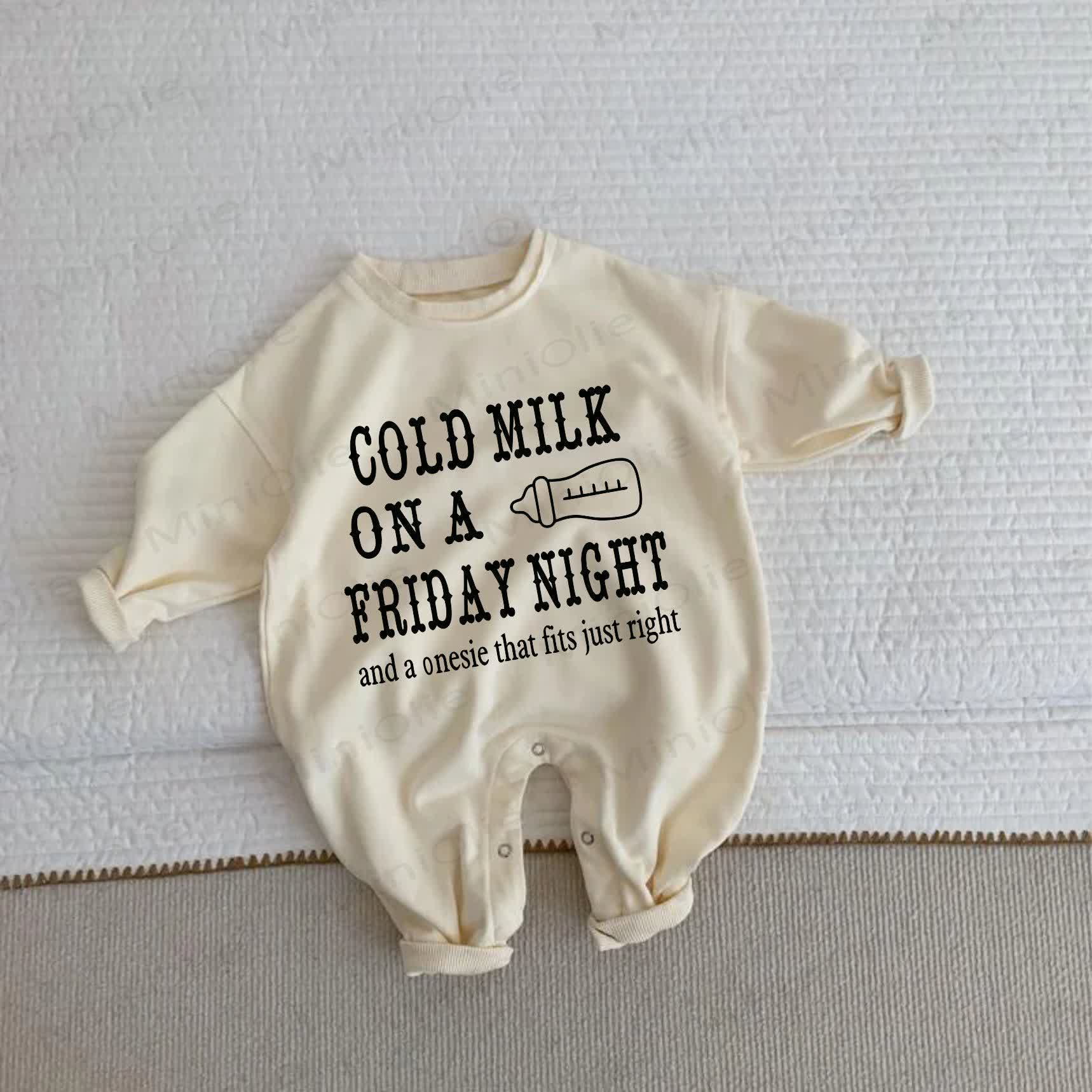 COLD MILK ON A FRIDAY NIGHT AND A ONESIE THAT FITS JUST RIGHTベージュロンパース - ベージュ - 2～3歳 - image 1