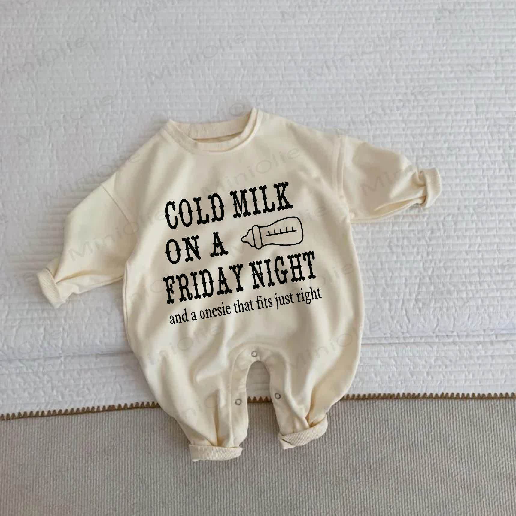 COLD MILK ON A FRIDAY NIGHT AND A ONESIE THAT FITS JUST RIGHTベージュロンパース - ベージュ - 2～3歳 - image 1