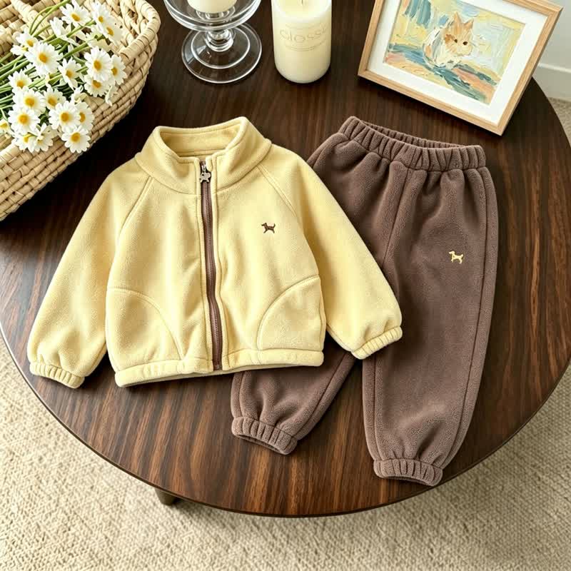 幼児・子供用子犬刺繍入りフリースジャケット＆パンツ 2点セット - 黄色 - 10-11歳 - image 1