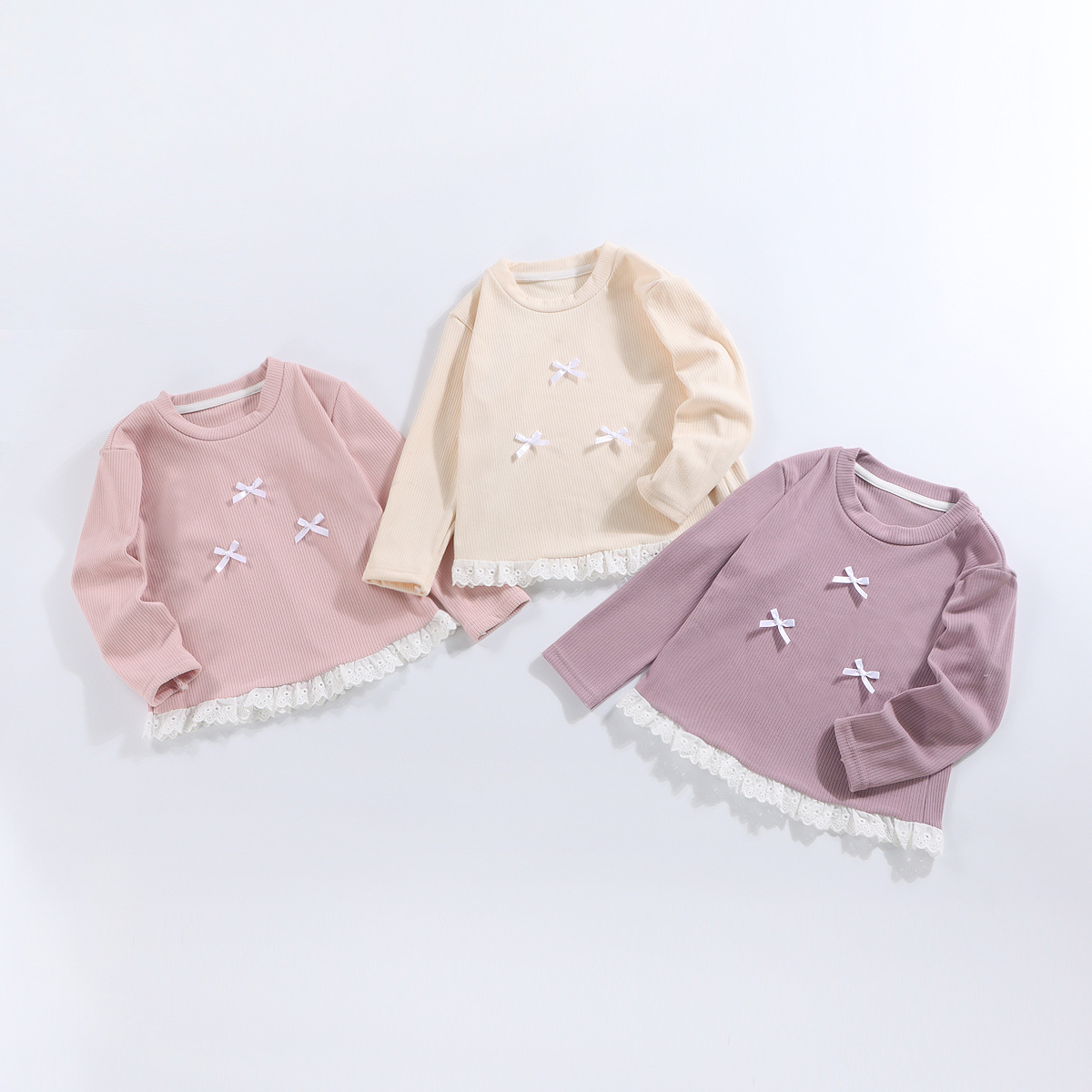 幼児用女の子リブ編みリボンレース長袖Tシャツ - image 1