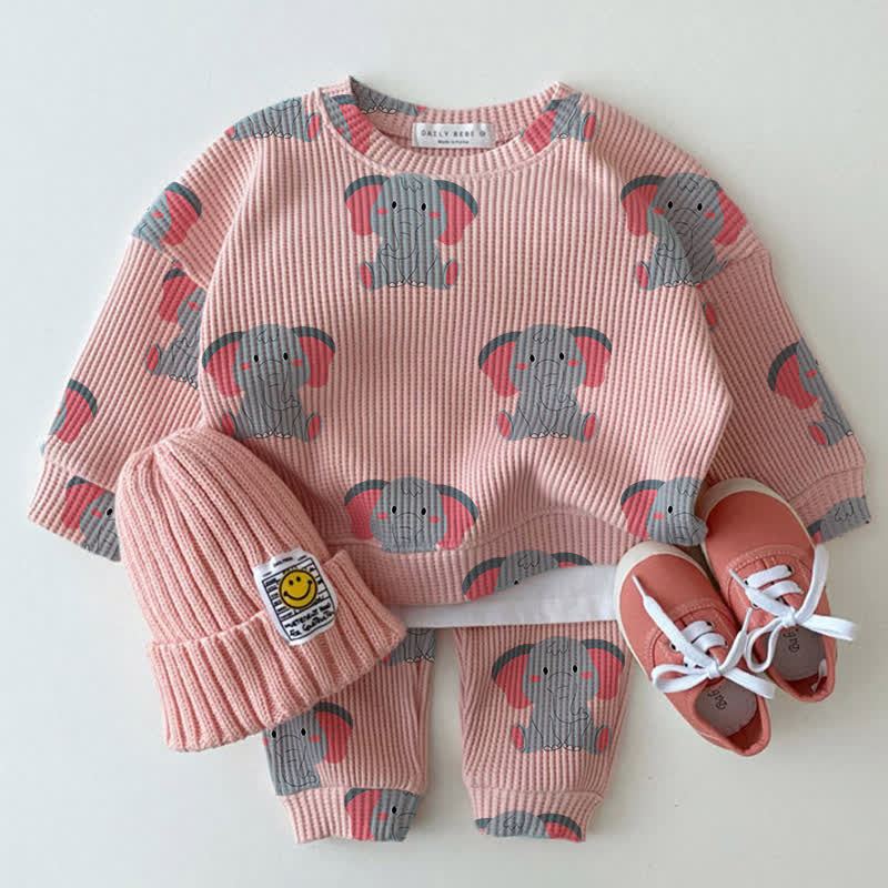 ベビーピンクのエレファントプリントワッフル生地2点セット - ピンク - 2～3歳 - image 1