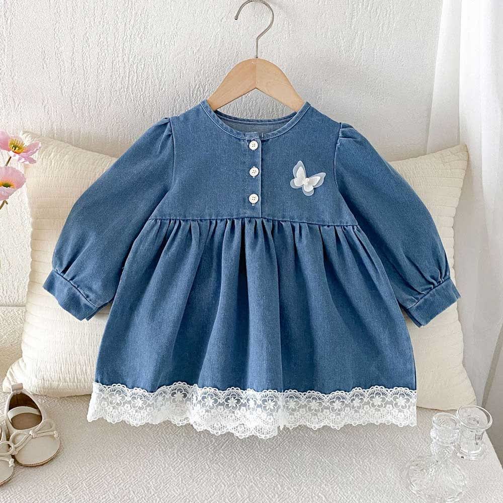 ベビー幼児用バタフライ柄デニムレース裾長袖Dress - 青 - 3～4歳 - image 1