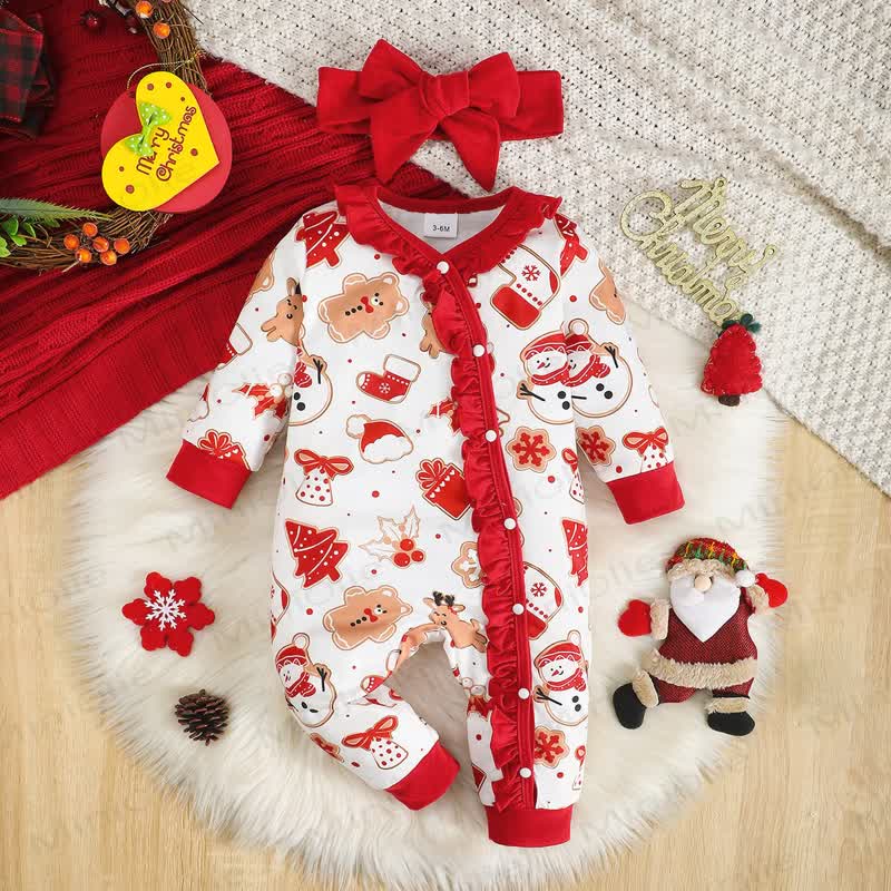 ベビー用クリスマス柄フリル付きロンパース（ヘッドバンド付き） - 赤 - 6～9ヶ月 - image 2