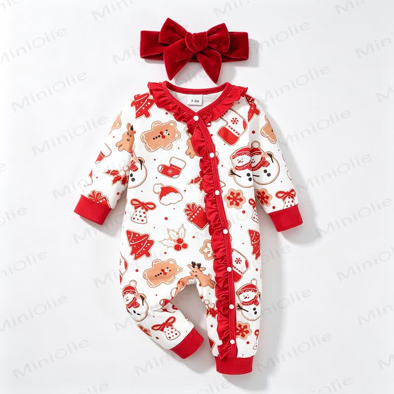ベビー用クリスマス柄フリル付きロンパース（ヘッドバンド付き） - image 1