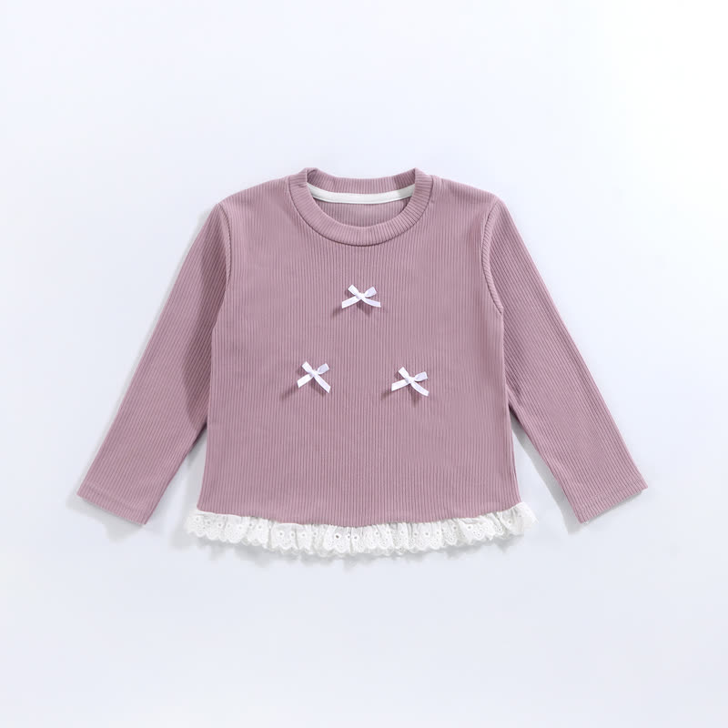 幼児用女の子リブ編みリボンレース長袖Tシャツ - 紫 - 10-11歳 - image 3