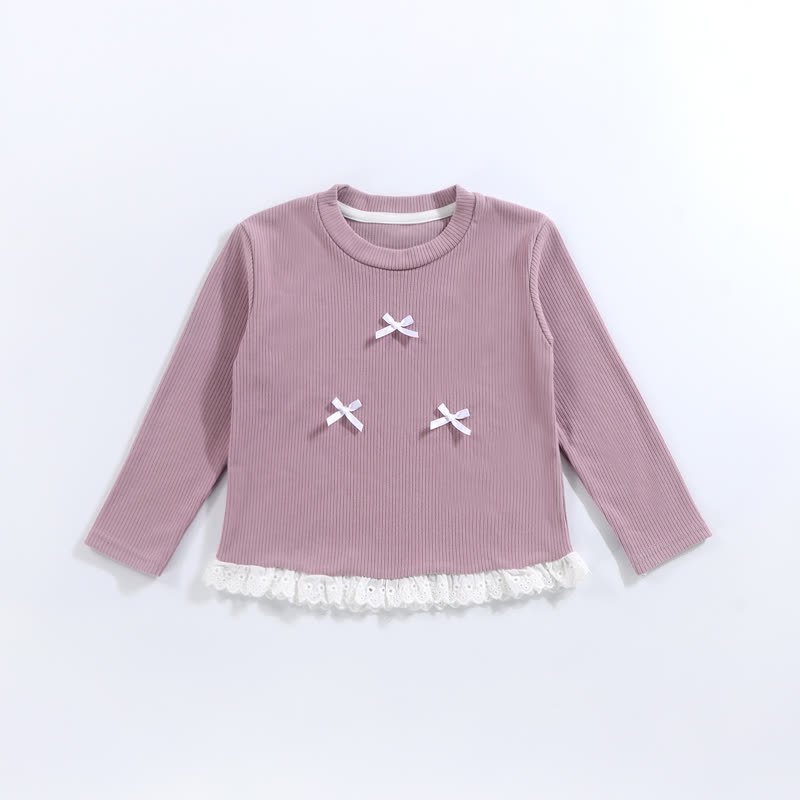幼児用女の子リブ編みリボンレース長袖Tシャツ - 紫 - 10-11歳 - image 3