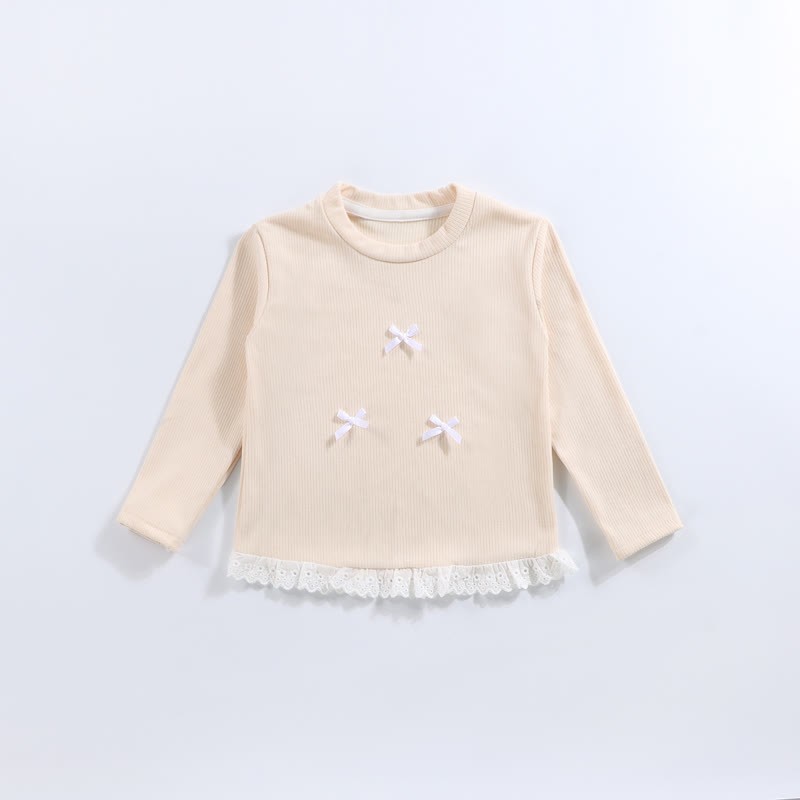 幼児用女の子リブ編みリボンレース長袖Tシャツ - ベージュ - 10-11歳 - image 2