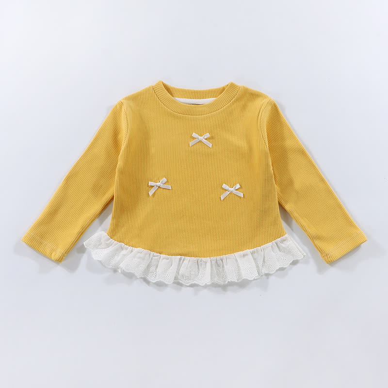 幼児用女の子リブ編みリボンレース長袖Tシャツ - 黄色 - 10-11歳 - image 5