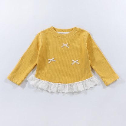 幼児用女の子リブ編みリボンレース長袖Tシャツ - 黄色 - 10-11歳 - image 5