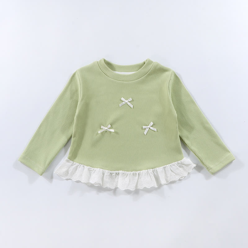幼児用女の子リブ編みリボンレース長袖Tシャツ - 薄緑色 - 10-11歳 - image 6