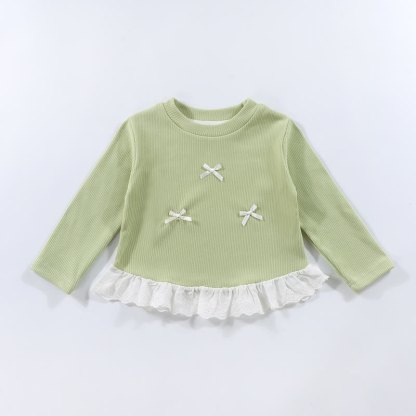 幼児用女の子リブ編みリボンレース長袖Tシャツ - 薄緑色 - 10-11歳 - image 6