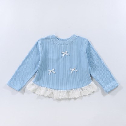 幼児用女の子リブ編みリボンレース長袖Tシャツ - 青 - 10-11歳 - image 7