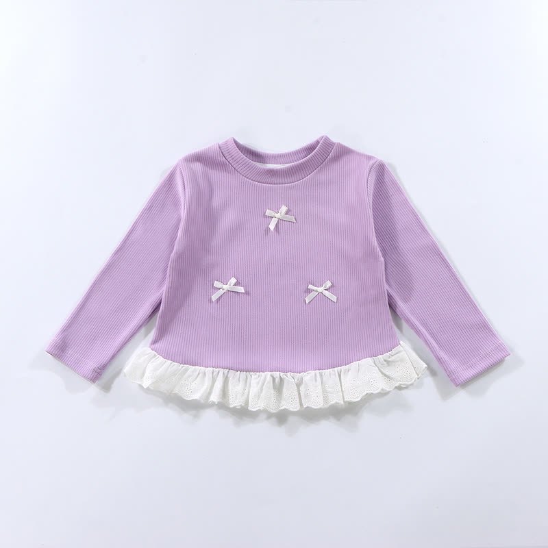 幼児用女の子リブ編みリボンレース長袖Tシャツ - 薄紫色 - 10-11歳 - image 9