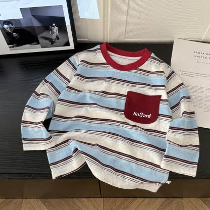 幼児用コントラストカラーストライプ長袖Tシャツ - 赤 - 10-11歳 - image 4