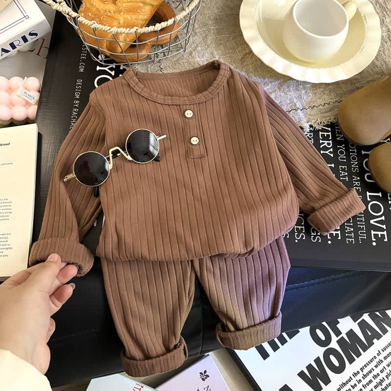 幼児・子供用無地ニットヘンリーネックラウンジウェア2点セット - 茶色 - 8-9T - image 2