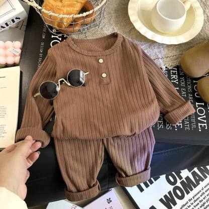 幼児・子供用無地ニットヘンリーネックラウンジウェア2点セット - 茶色 - 8-9T - image 2